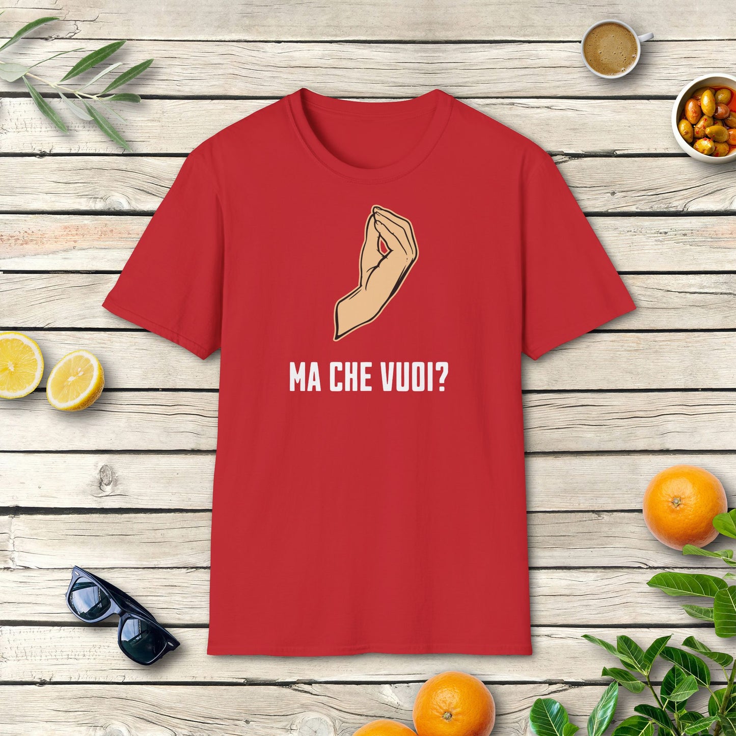 Ma che vuoi T-Shirt mit italienischem Spruch & Handgeste