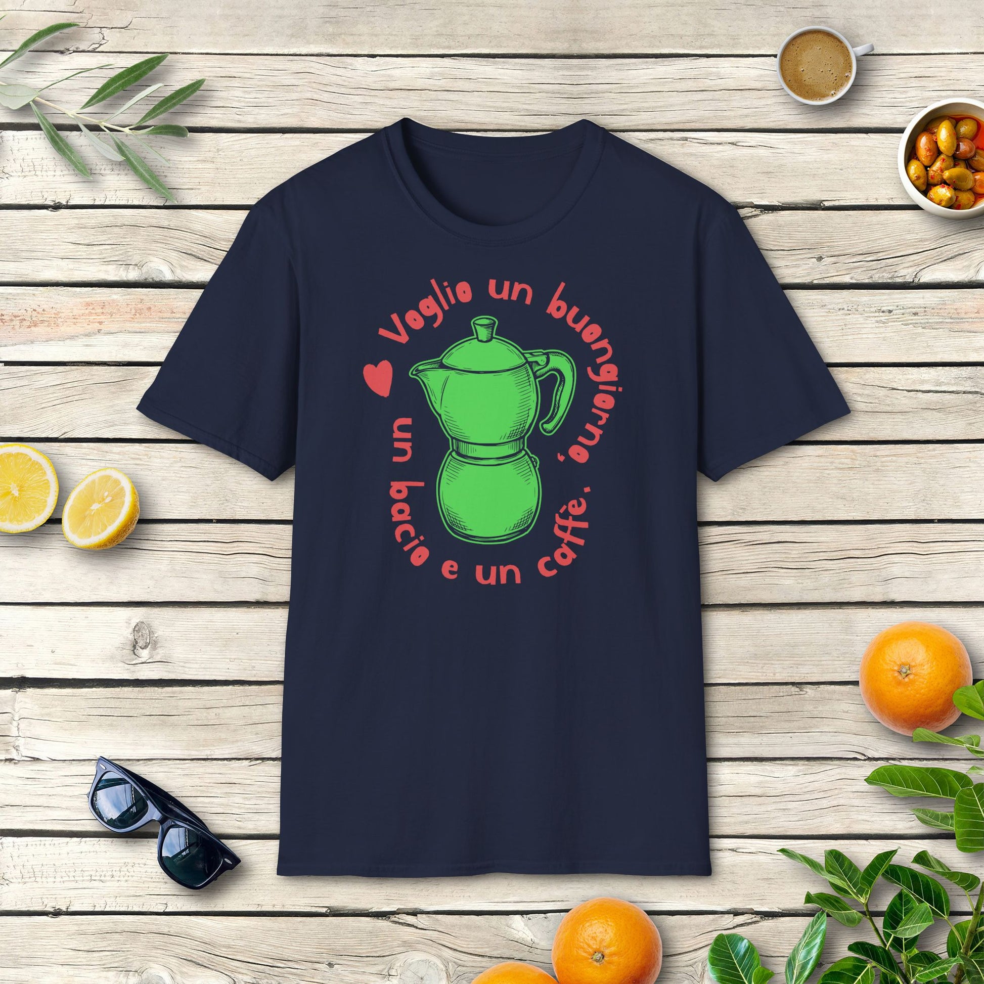 Voglio un buongiorno | Italien T-Shirt mit Espresso-Mokkakanne & Spruch