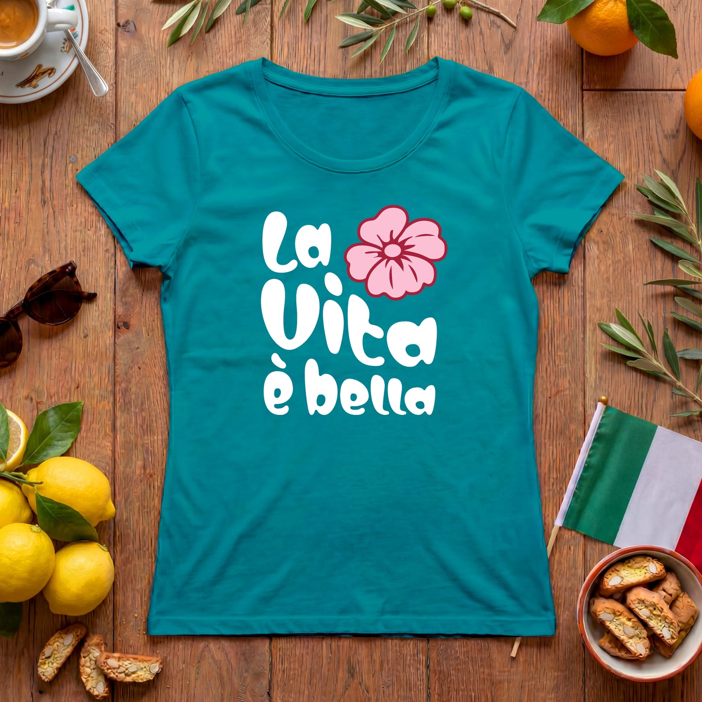 La Vita è bella | Italien Damen-T-Shirt mit Hippie Blume