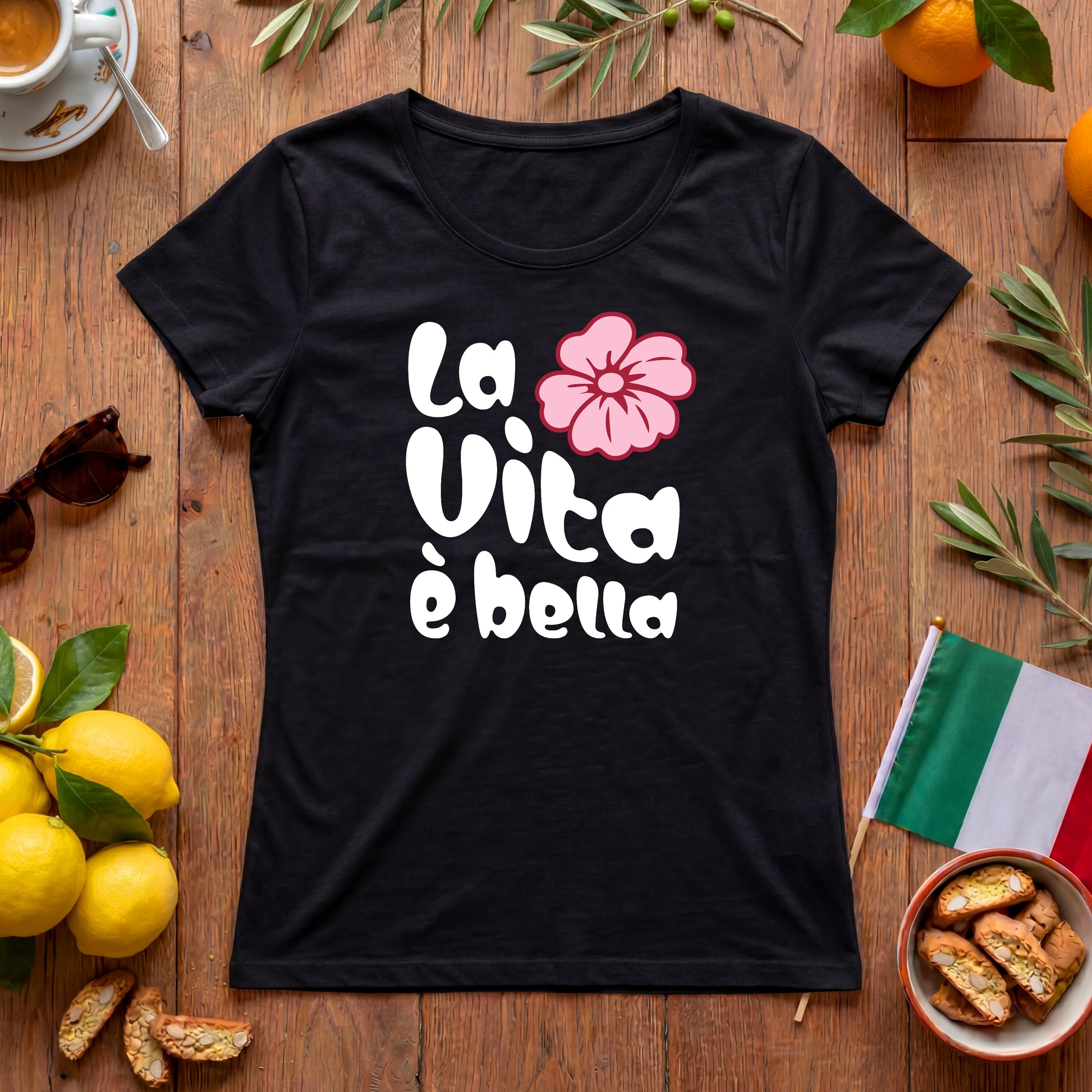 La Vita è bella | Italien Damen-T-Shirt mit Hippie Blume
