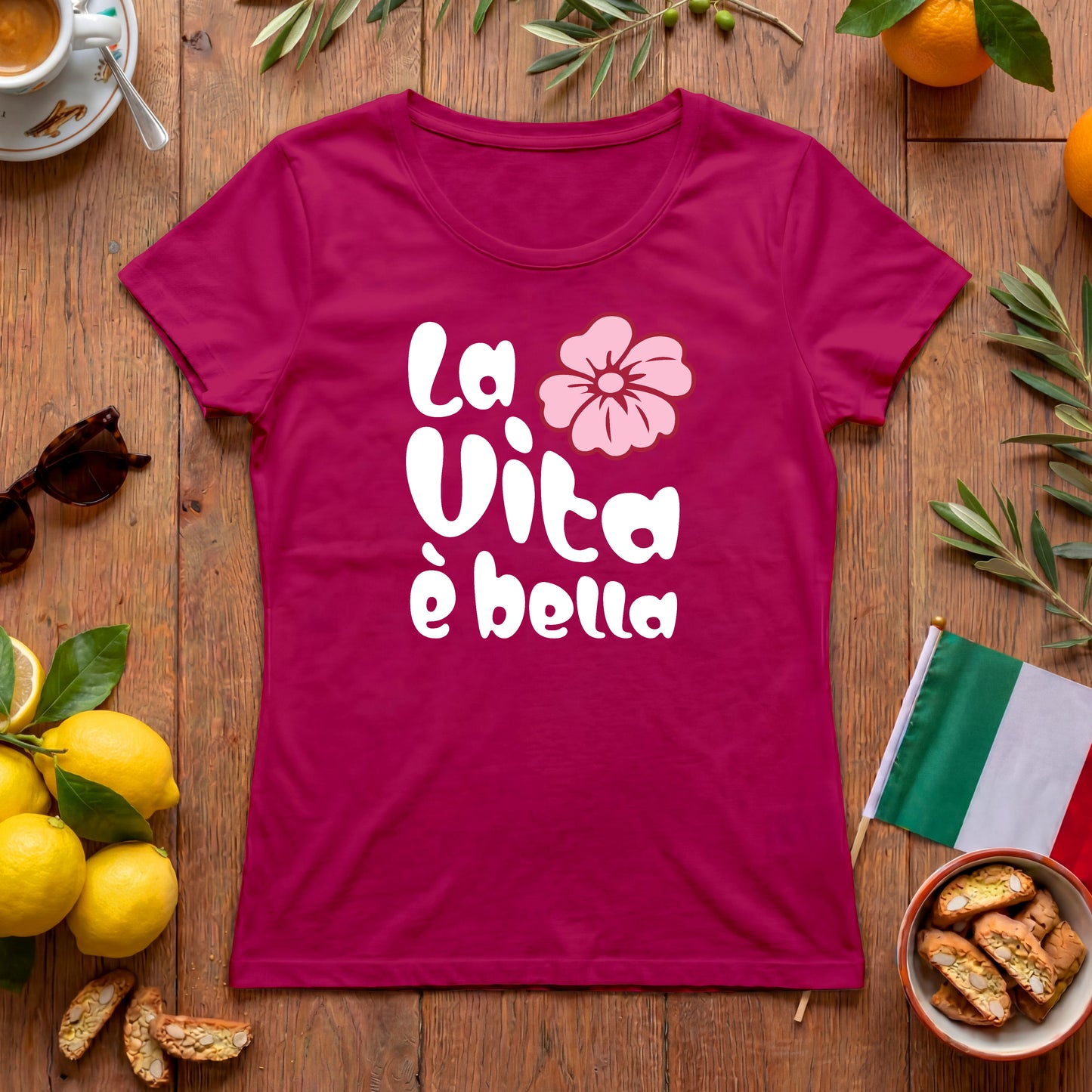 La Vita è bella | Italien Damen-T-Shirt mit Hippie Blume